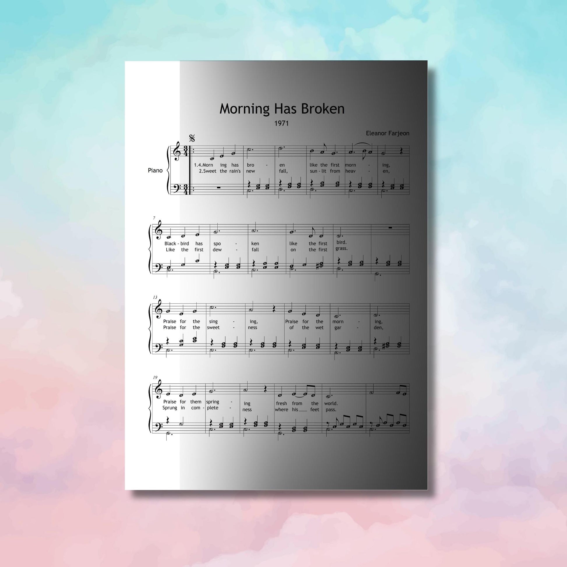 Morning Has Broken simplified piano PDF file preview, educational version with note names and color notes, digital download for early learners.