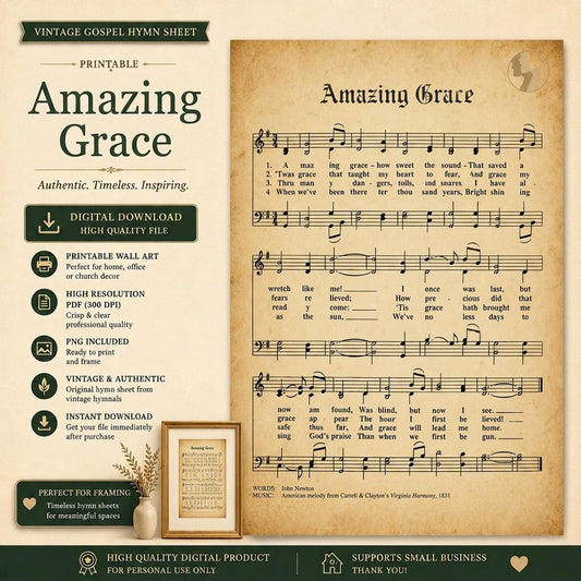 The image is a vintage sheet music print featuring the song "Amazing Grace" with accompanying lyrics. The sheet music is accompanied by a printable sheet art print, a high-quality digital download, and a printable wall art print. The sheet music is a part of a larger collection of sheet music and lyrics, and it is a high-quality digital product that supports small businesses.