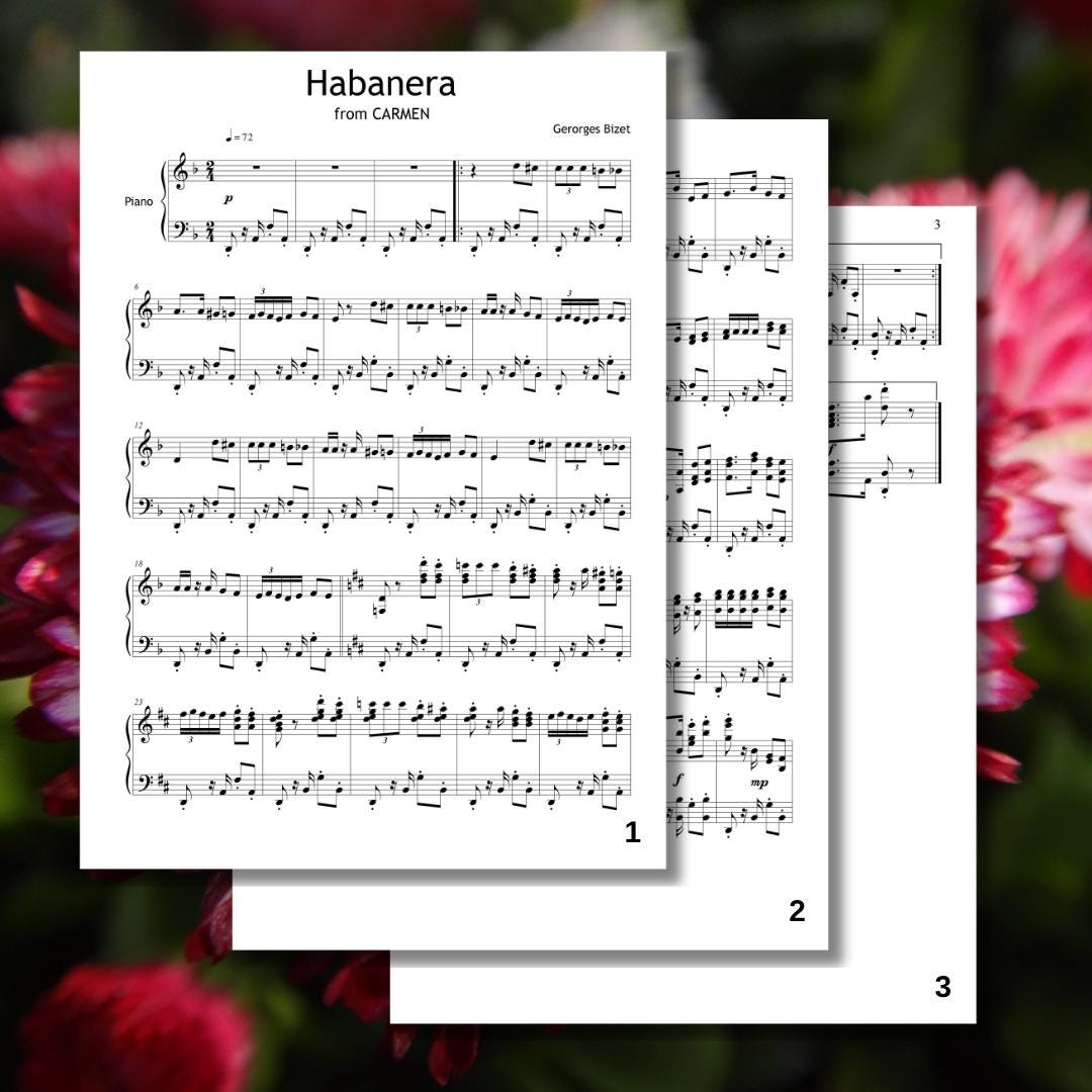Habanera Piano Sheet Music - Grade 6 Simplified Score | Bizet Opera Solo with Finger Numbers & Video Tutorial