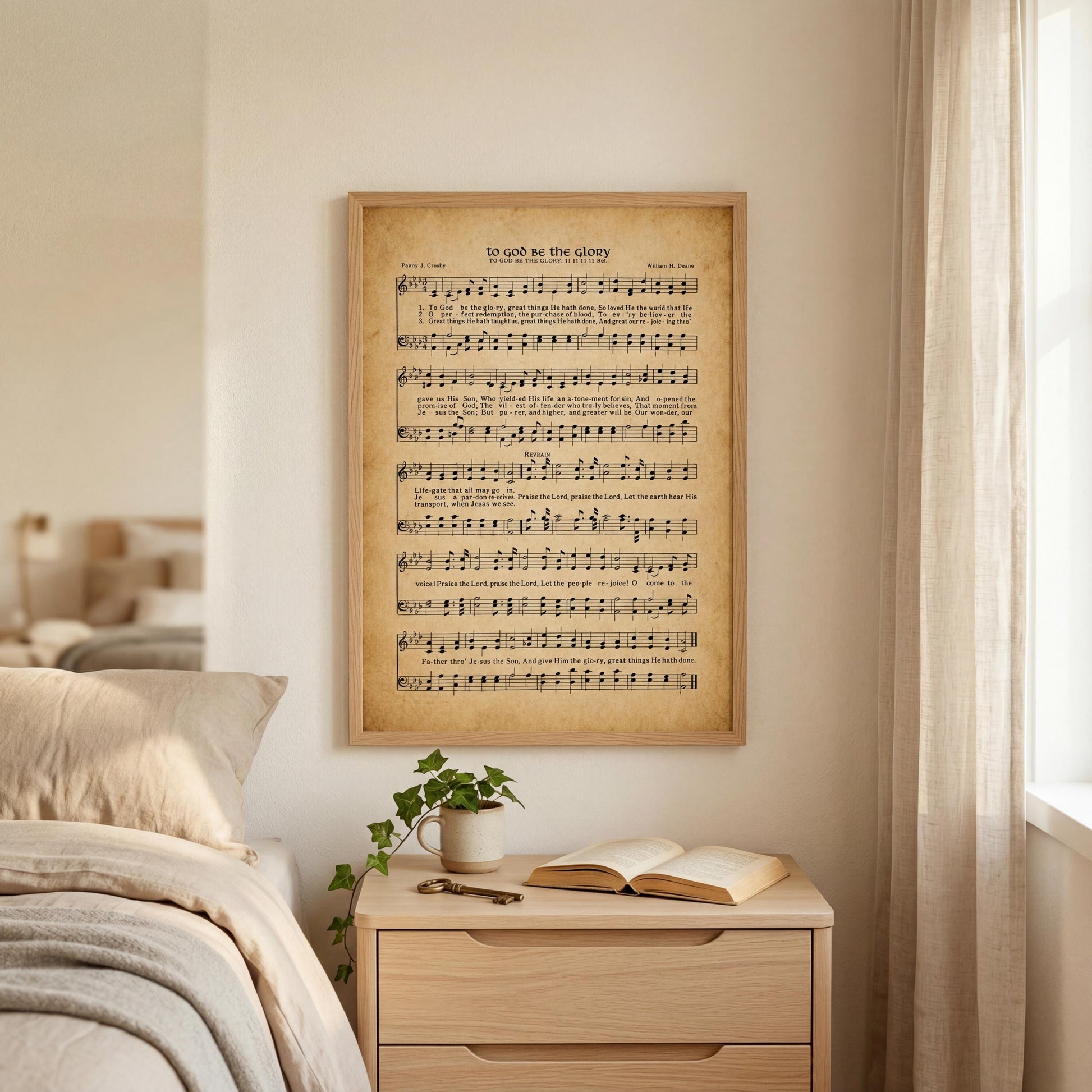 a bedroom scene with a framed sheet music poster of a song hanging on the wall above a wooden nightstand with a plant and an open book.
