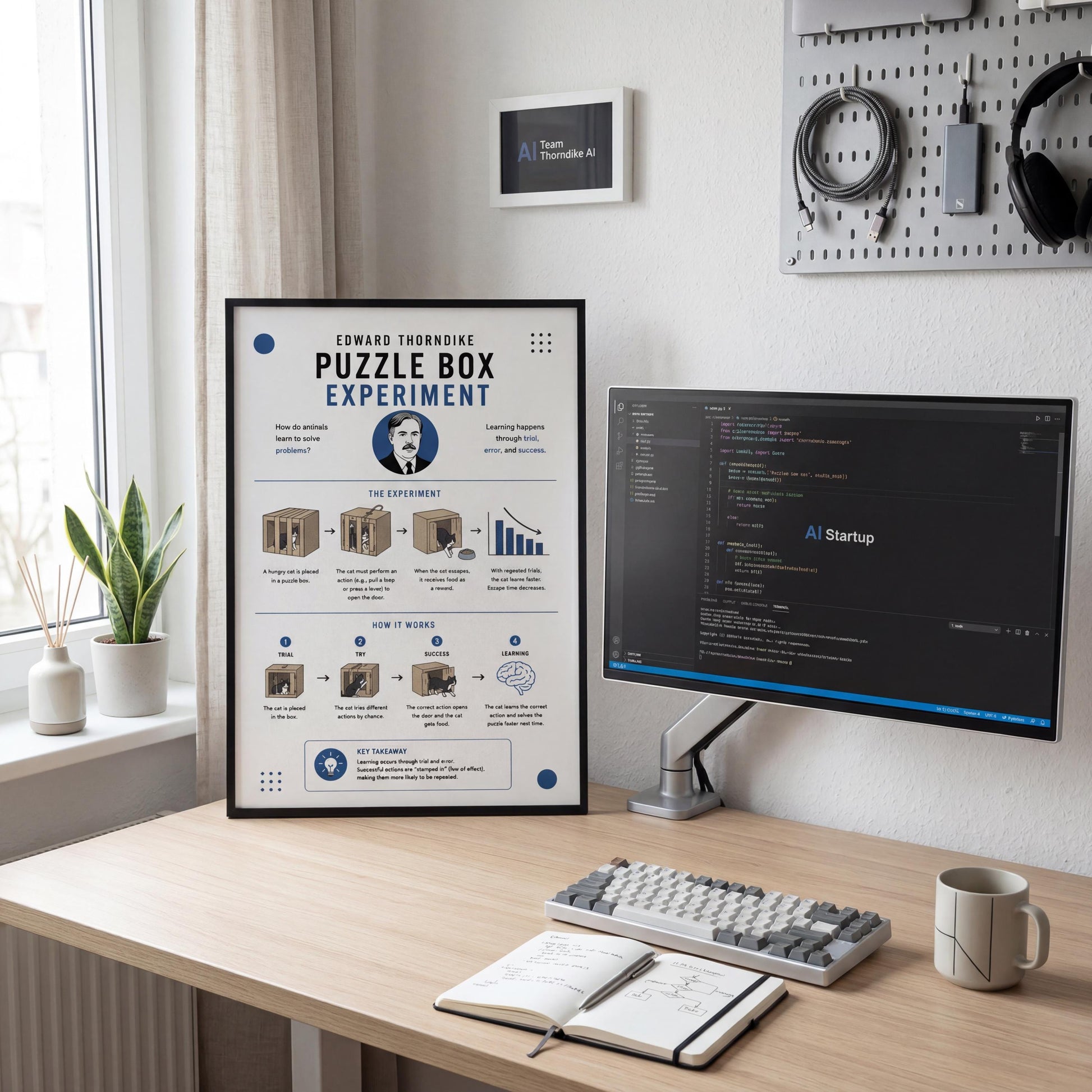 a workspace with a computer monitor, keyboard, and a poster or presentation on the wall. The poster is titled "Puzzle Box Experiment" and includes a diagram and text explaining the experiment. The workspace also has a plant, a mug, and a notebook on the desk.