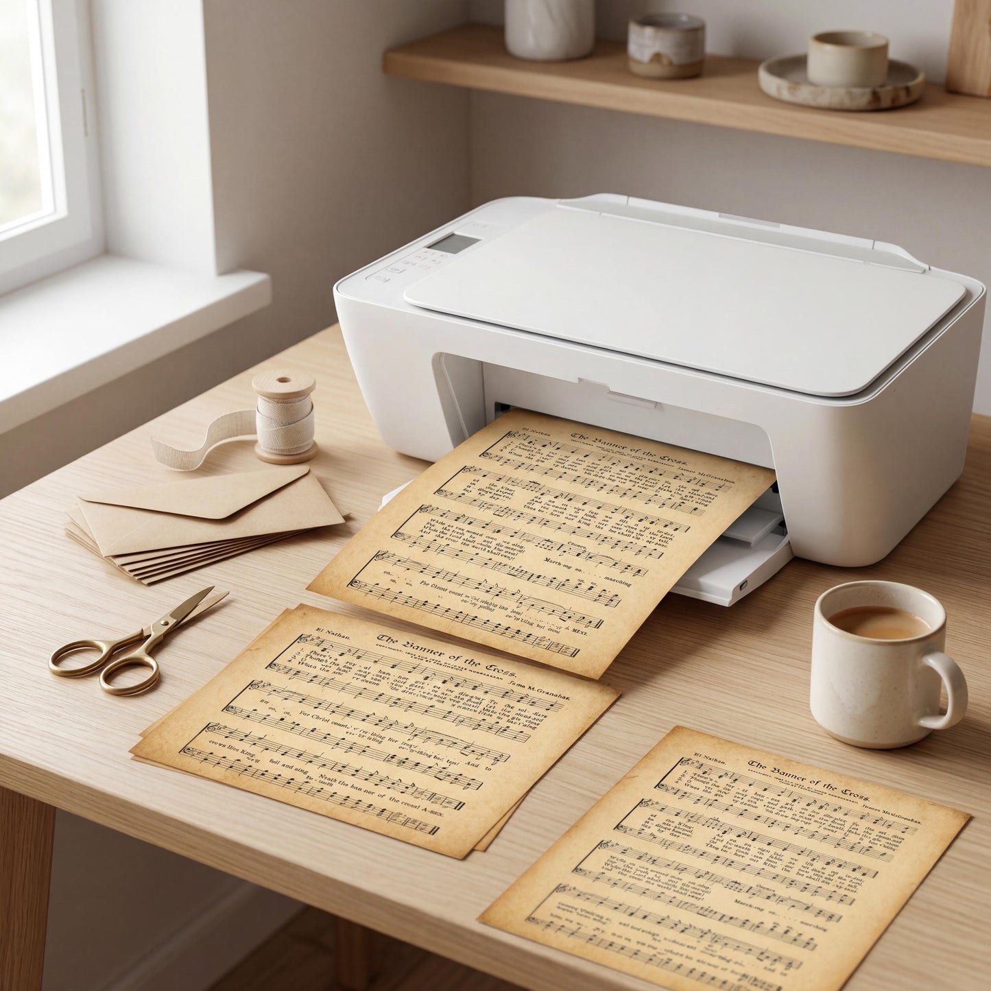 a printer on a wooden desk with several sheets of paper printed on it, along with a pair of scissors and a cup of coffee.