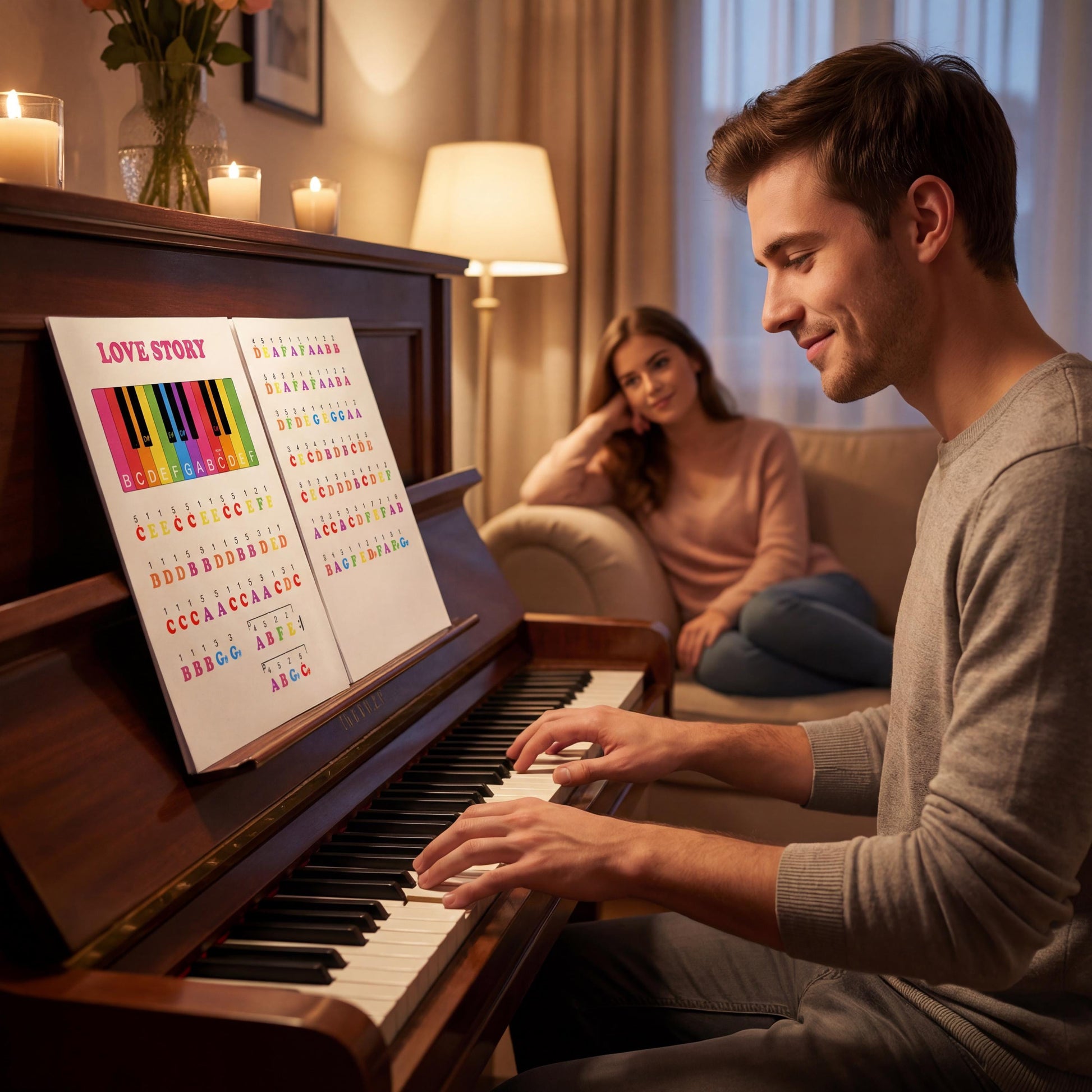 Love Story starter piano worksheet style sheet music with letter notes and finger numbers, optimized for tablet viewing and printable formats for classroom and studio use.