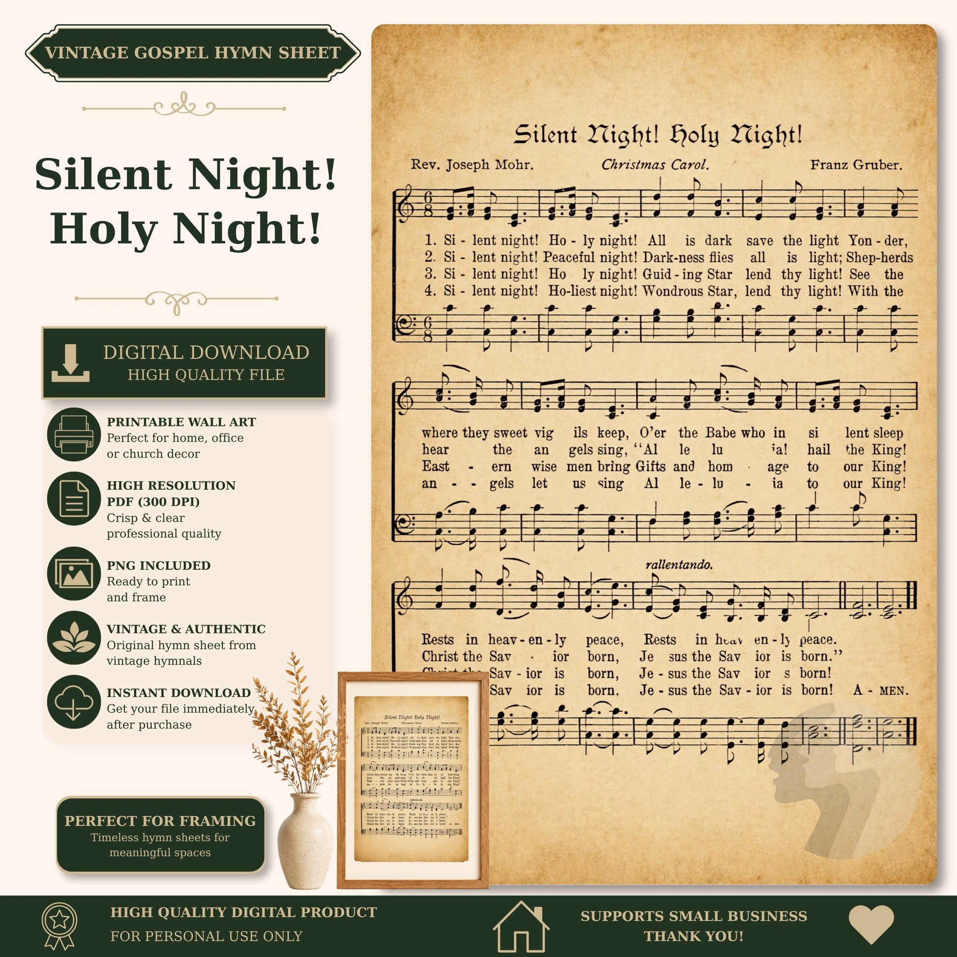 The image is a vintage-style sheet music for a hymn titled "Silent Night! Holy Night!" featuring sheet music and lyrics.