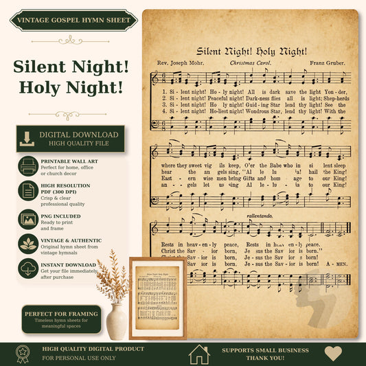 The image is a vintage-style sheet music for a hymn titled "Silent Night! Holy Night!" featuring sheet music and lyrics.