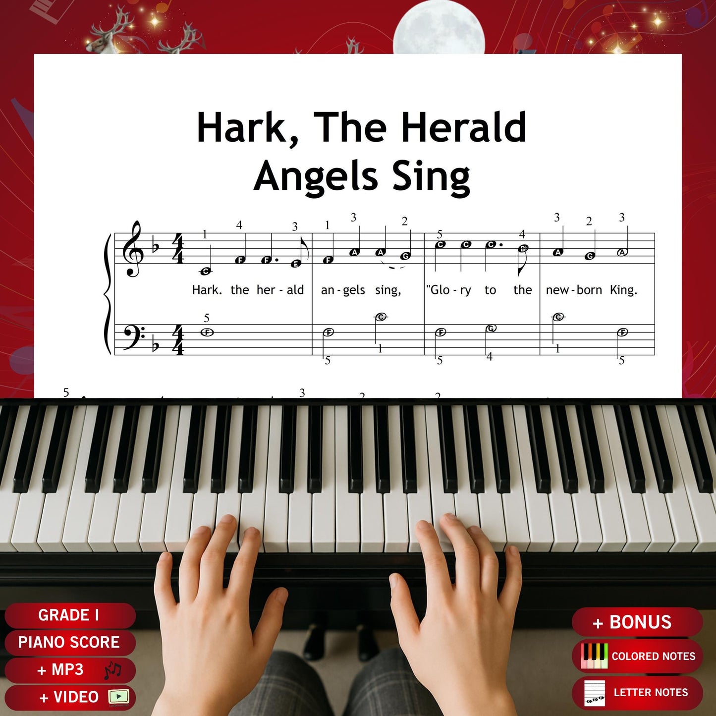 Hark the Herald Angels Sing by Felix Mendelssohn beginner piano sheet music PDF presents a bright Grade 1 arrangement with lyrics, offering young learners a joyful Christmas hymn in a clear, printable digital format suitable for December practice.