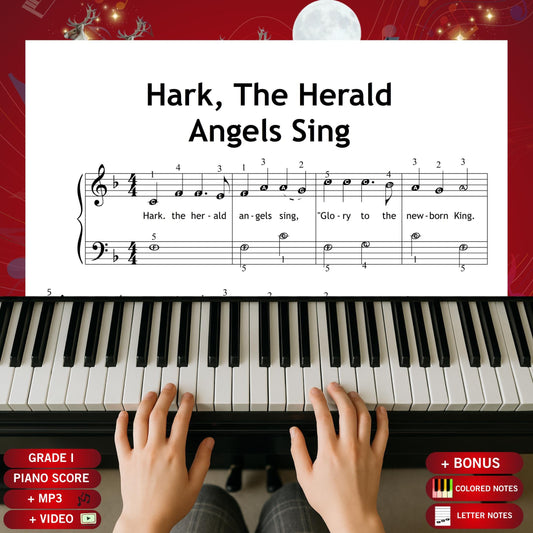 Hark the Herald Angels Sing by Felix Mendelssohn beginner piano sheet music PDF presents a bright Grade 1 arrangement with lyrics, offering young learners a joyful Christmas hymn in a clear, printable digital format suitable for December practice.