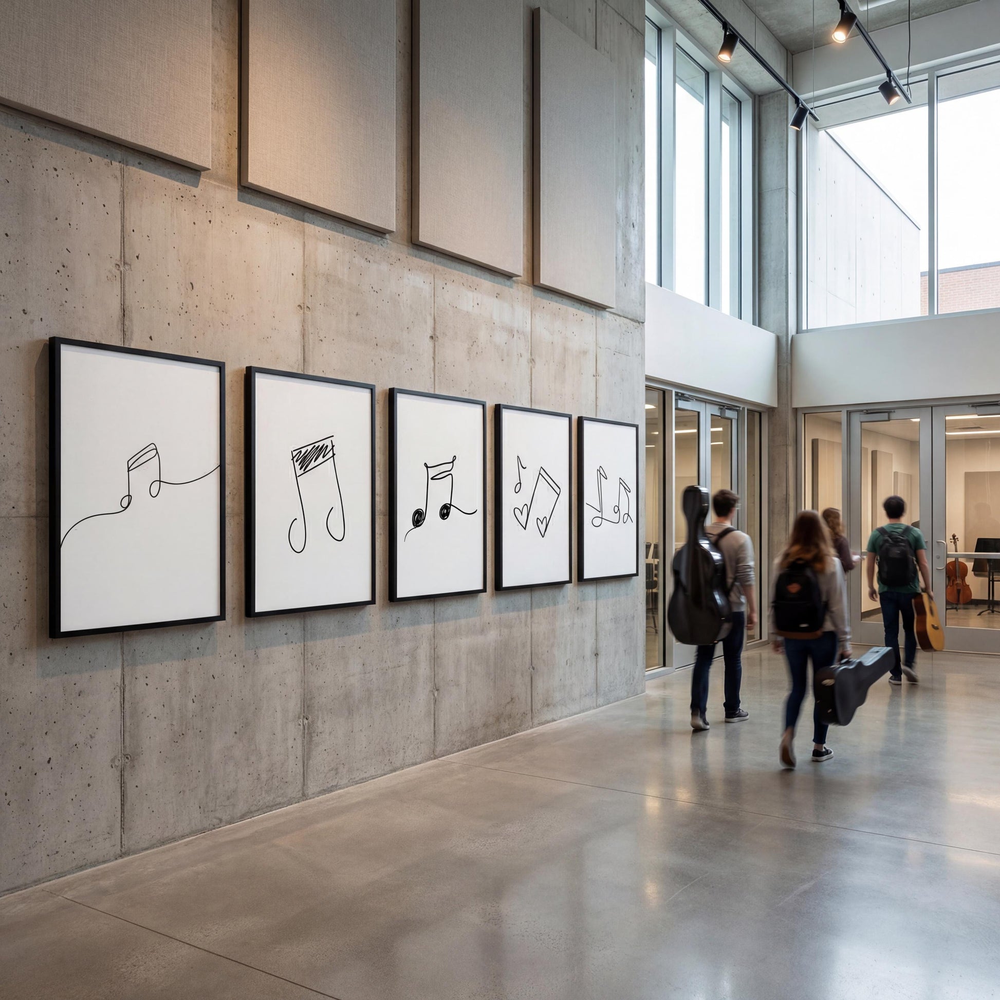 Minimalist music decor printable featuring single-line drawings of musical expression, perfect for music teachers decorating classrooms, practice rooms, or lesson spaces.