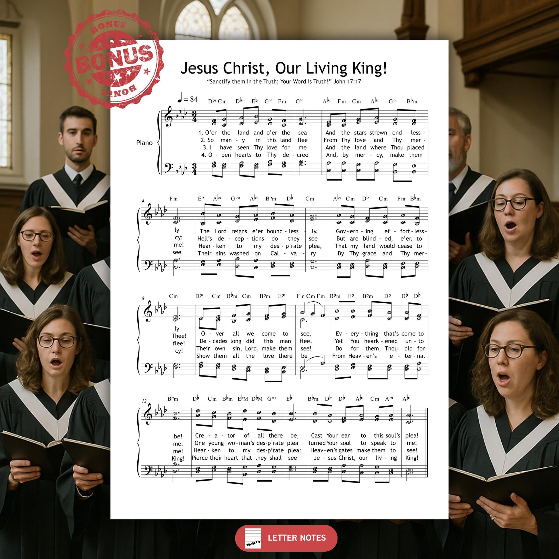 SATB choir sheet music of Jesus Christ, Our Living King, featuring lyrics and piano arrangement. Ideal for choirs performing on Easter or during worship. Suitable for traditional or modern church settings. Printable high-quality PDF.