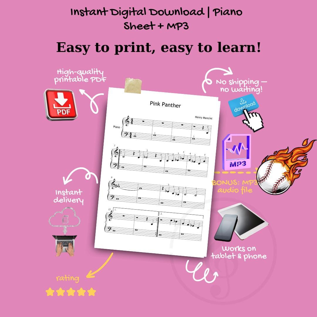 Pink Panther Theme - Grade 1 Download Piano Sheet PDF with Finger Numbers, Note Names, MP3 & Video | Educational Edition
Pink Panther Theme by Henry Mancini downloadable and simplified piano sheet music PDF displayed as a multi-version Grade 1 educational pack including standard notation, finger numbers, note names, and color notes, all prepared from the manuscript for flexible beginner practice.