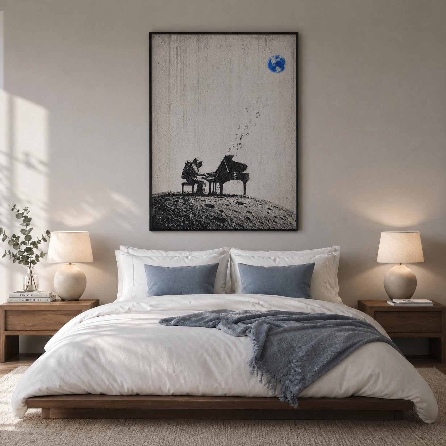 Astronaut Piano Wall Art – Minimalist Space Art | Black White Poster Digital Download
