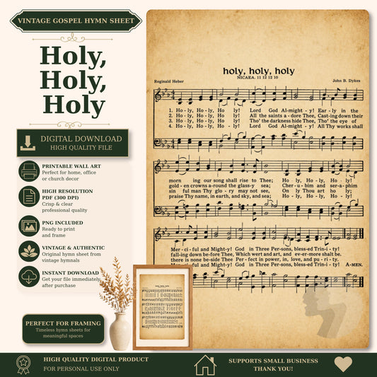 The image is a digital download of a vintage Gospel hymn sheet titled "Holy, Holy, Holy" by Reginald Heber. The sheet features sheet music and lyrics, and includes a printable wall art option for a high-quality digital product. The sheet is perfect for framing and is a high-quality digital product that supports small businesses.