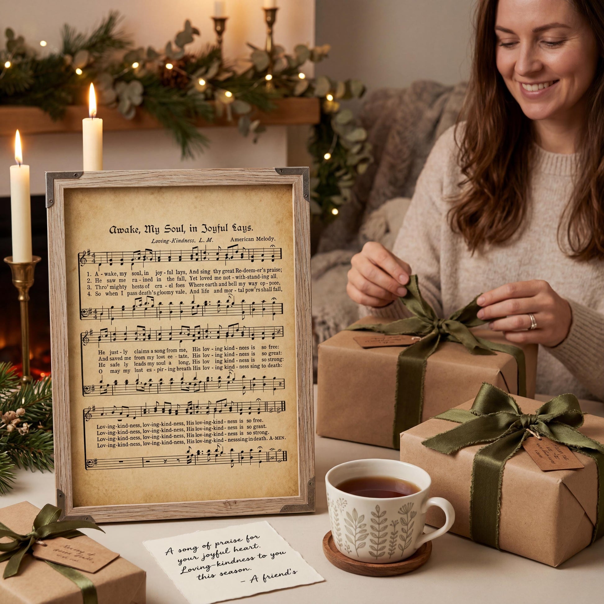 A woman is sitting at a table with a framed sheet of music, wrapped gifts, and a cup of tea, surrounded by holiday decorations and a cozy atmosphere.