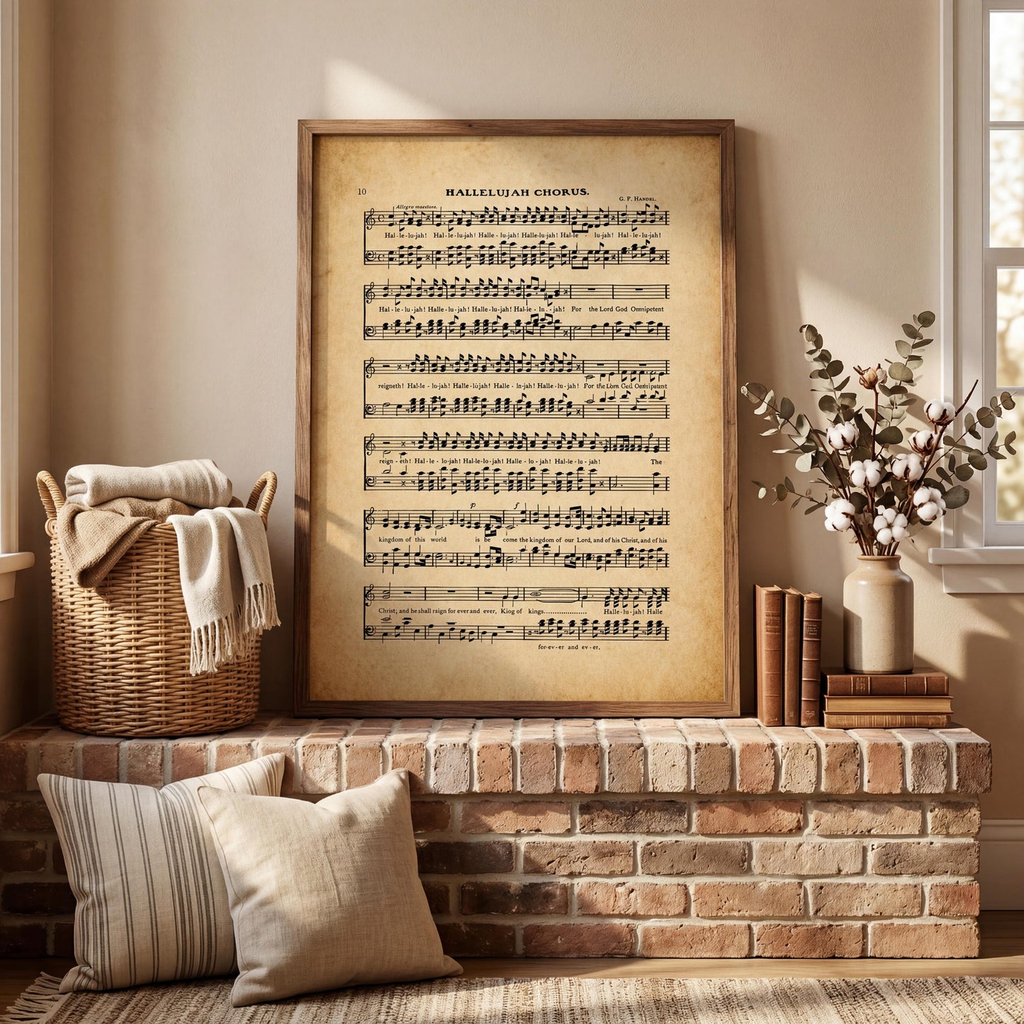 a framed sheet music print of a hymn, a wicker basket, a stack of books, and a vase of flowers on a brick fireplace mantel.