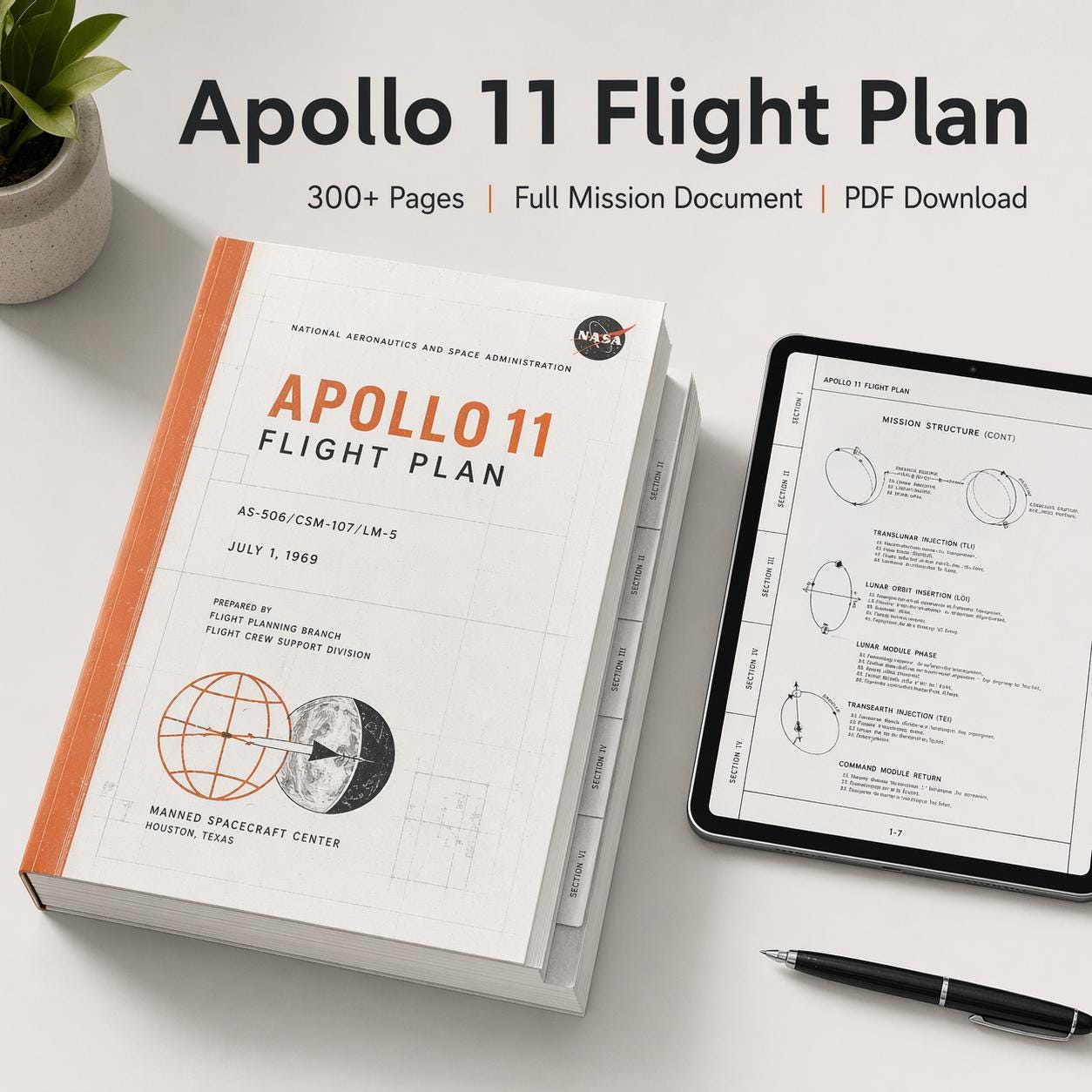a book titled "Apollo 11 Flight Plan" with a tablet computer and pen on a desk, along with a potted plant.