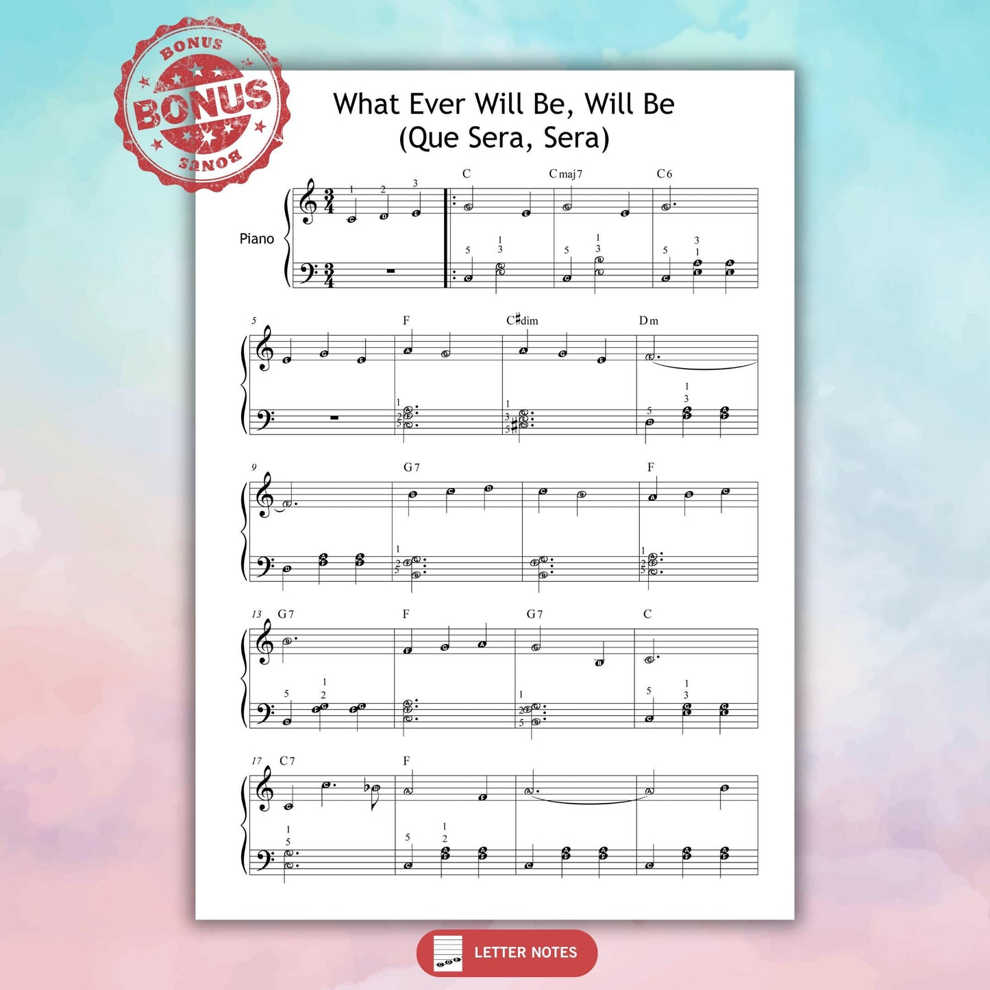 Easy piano sheet music of Whatever Will Be, Will Be, arranged for Grade 2. Includes simplified notation for beginner and early intermediate learners. Ideal for classic film lovers and students.