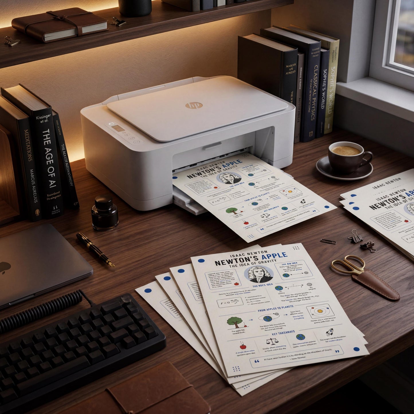 a desk with various items, including a printer, books, a keyboard, a cup, and some papers.