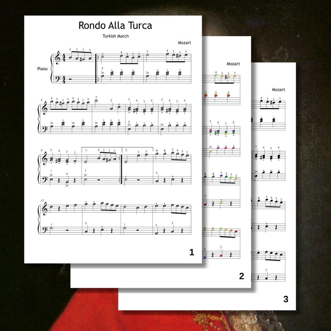 Alla Turca simplified piano sheet bundle preview with MP3 and tablet files, Grade 3 arrangement by Mozart designed for students, teachers, and home practice.