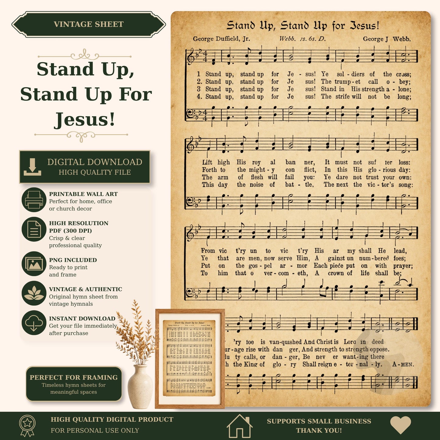 The image is a vintage sheet music and sheet print featuring a song titled "Stand Up, Stand Up for Jesus!" The sheet music is accompanied by a framed image of a plant, and the sheet music is accompanied by text and instructions for using the sheet music.