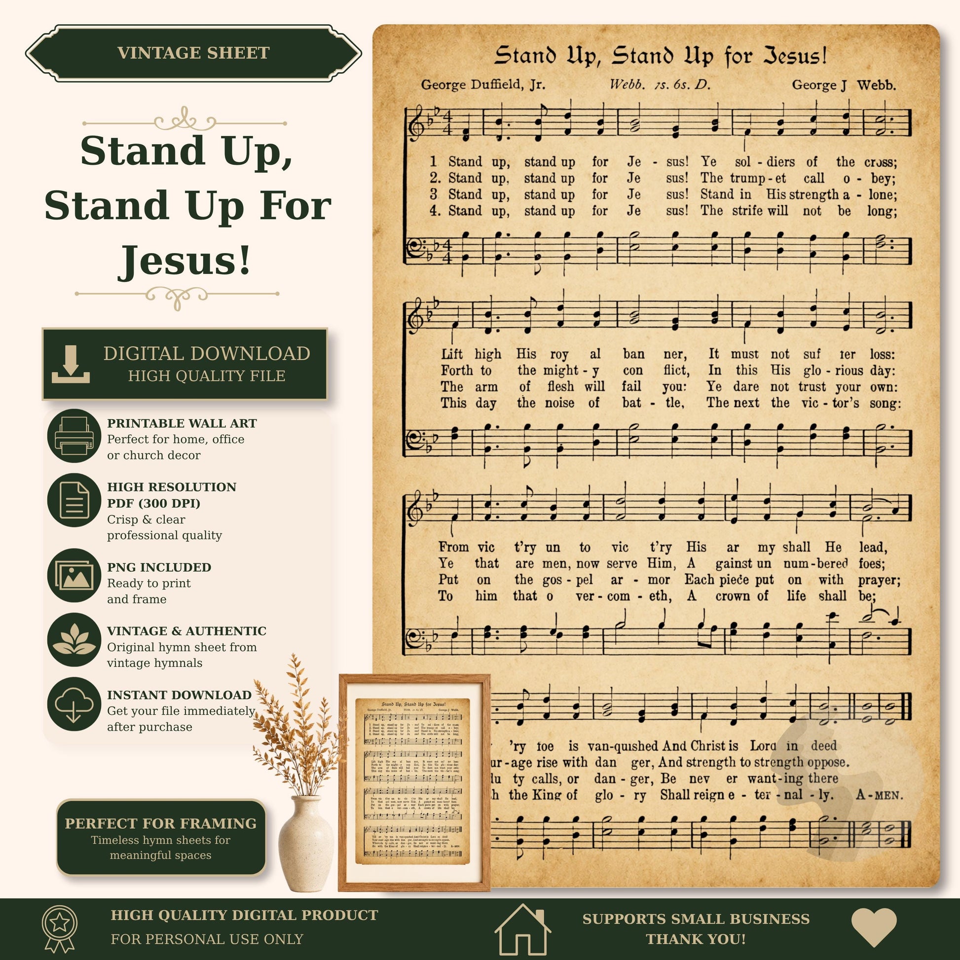 The image is a vintage sheet music and sheet print featuring a song titled "Stand Up, Stand Up for Jesus!" The sheet music is accompanied by a framed image of a plant, and the sheet music is accompanied by text and instructions for using the sheet music.