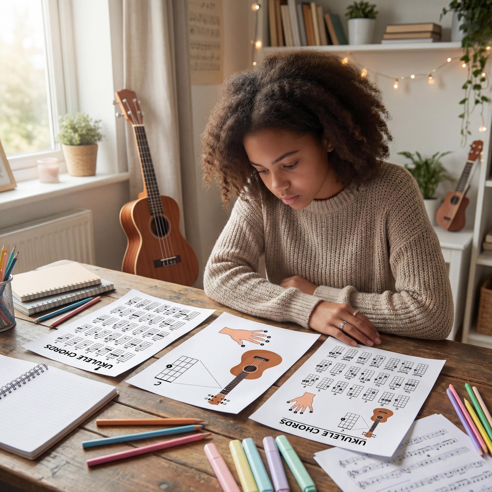 Printable ukulele chord chart PDF displaying simple chord diagrams with finger numbers, created for beginners, teachers, and self-learners who need a clear visual guide for chord shapes and hand placement.