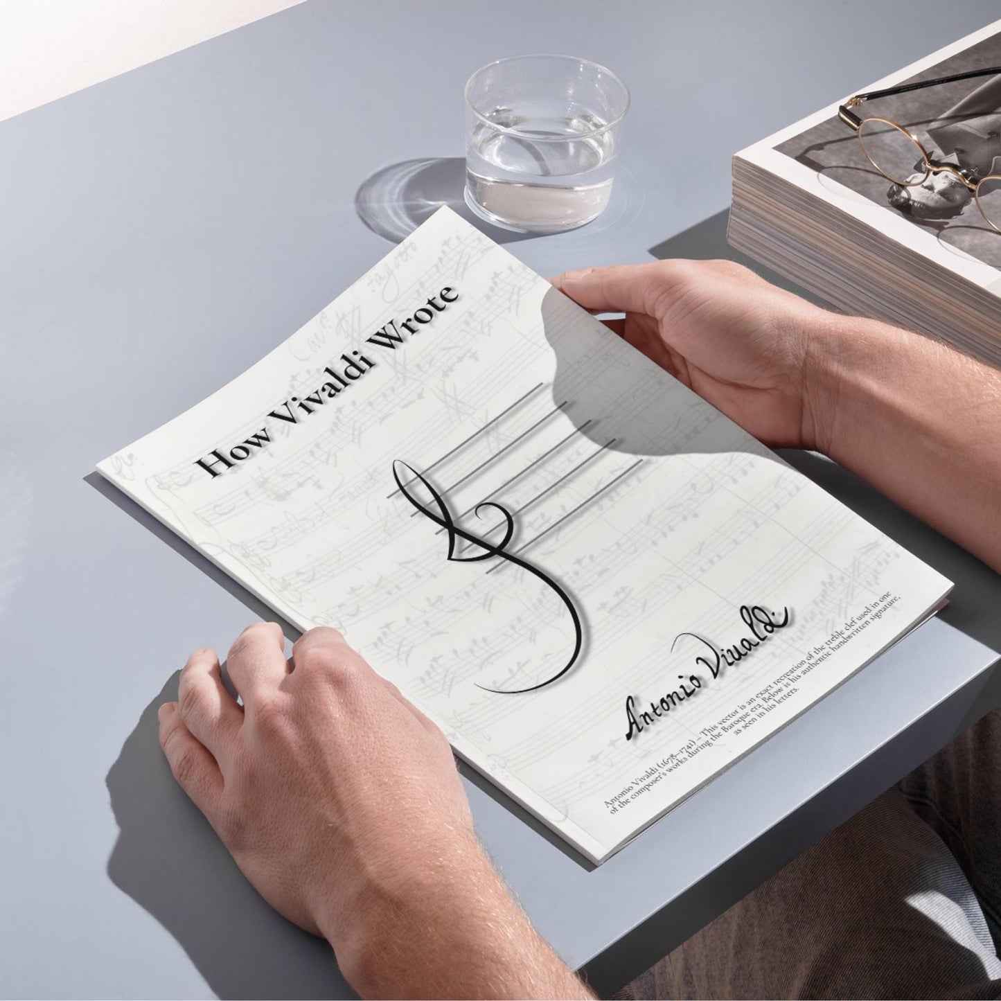 Vintage Music Manuscript Poster Set with treble clef handwriting and authentic composer signatures. Includes Vivaldi, Bach, Haydn, Mozart, Beethoven, Schubert, Brahms, Debussy, Stravinsky, Shostakovich. High-quality instant digital download for printing at home or shop.