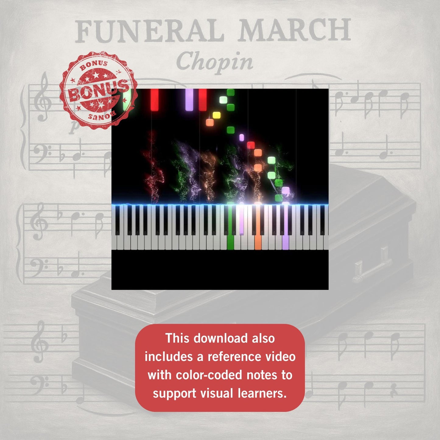 Frédéric Chopin Funeral March easy piano sheet music, Grade 1 Halloween simplified arrangement, printable PDF with note names, color-supported score, MP3 demo recording, and MP4 guided tutorial video.