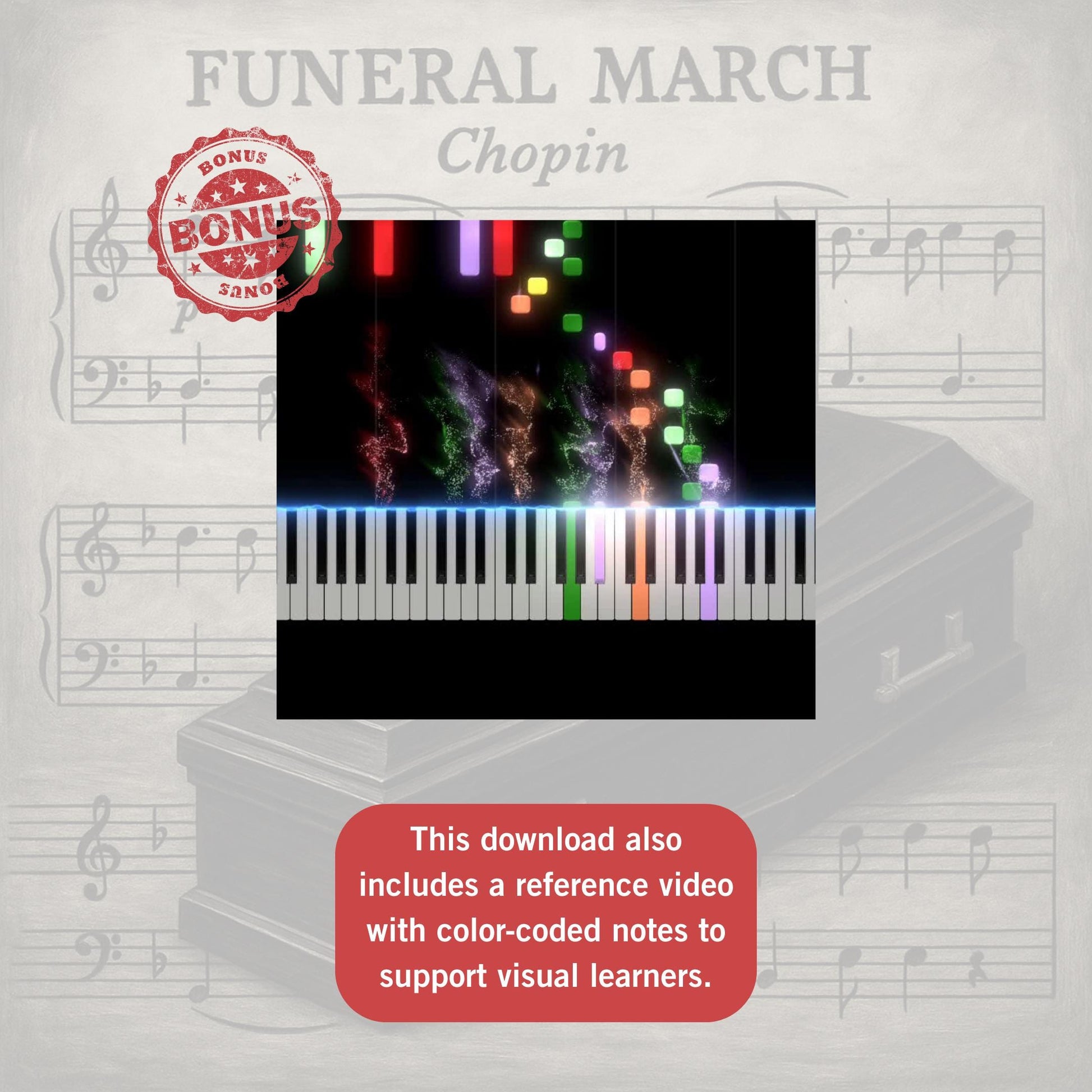 Frédéric Chopin Funeral March easy piano sheet music, Grade 1 Halloween simplified arrangement, printable PDF with note names, color-supported score, MP3 demo recording, and MP4 guided tutorial video.