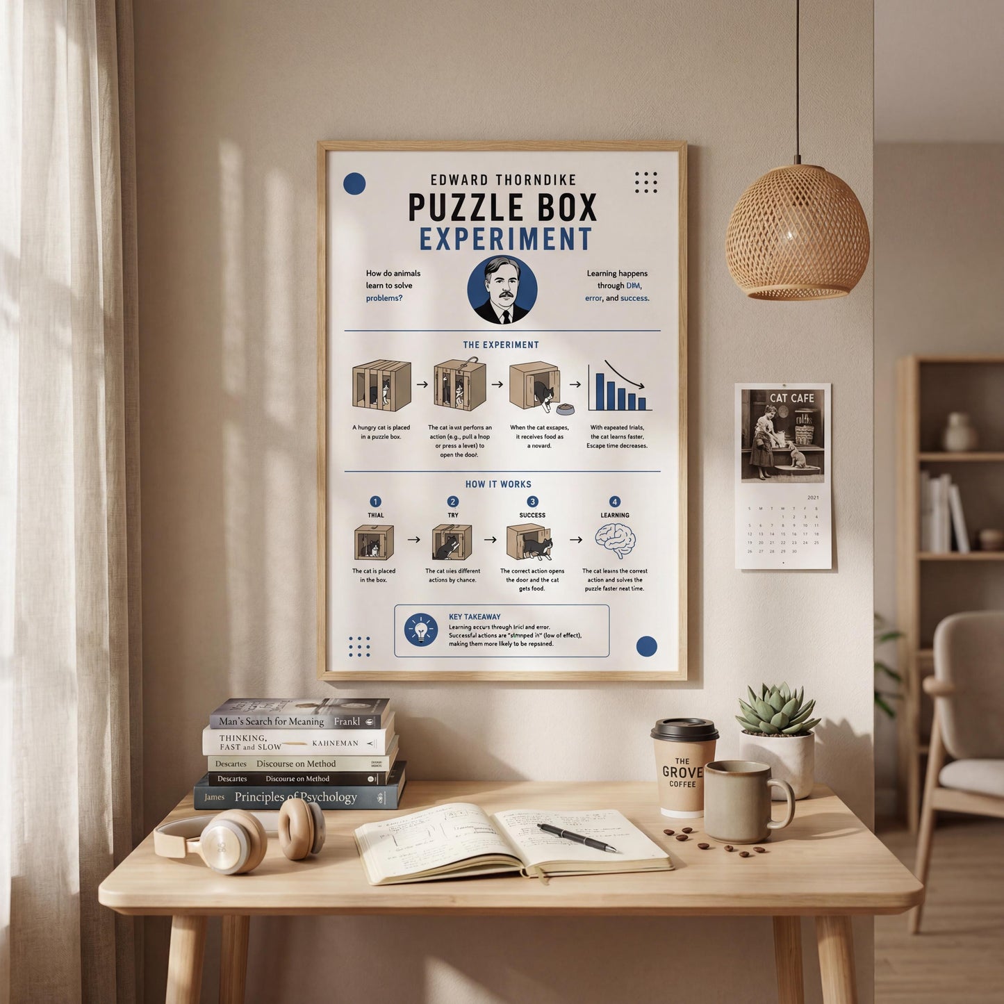 a poster titled "Puzzle Box Experiment" hanging on a wall above a wooden desk with various items on it, including books, a coffee cup, and a plant.