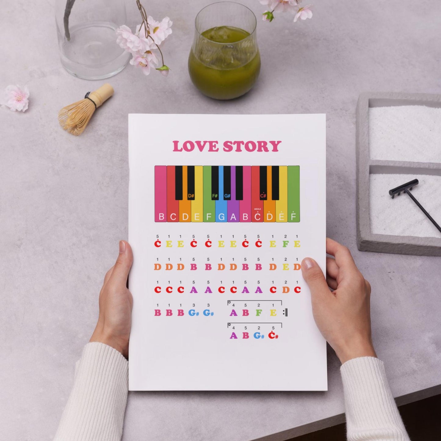 Grade 0 Love Story easy piano printable featuring large font letter notes, visual key colors, and beginner-friendly spacing, perfect for parents supporting early home music learning.