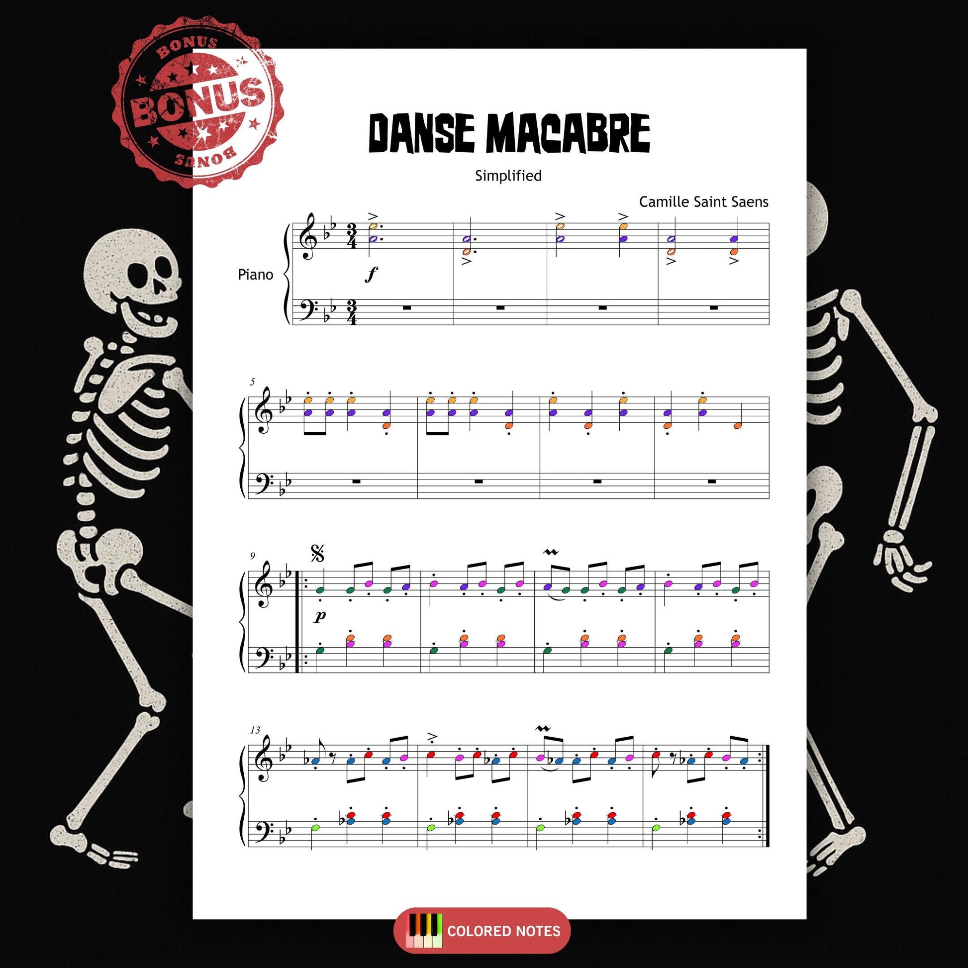 Danse Macabre piano sheet music PDF for Grade 1–2 beginners, Halloween edition arranged by Camille Saint-Saëns, simplified score with letter-named and color-assisted versions, MP3 demo, and MP4 teaching video.