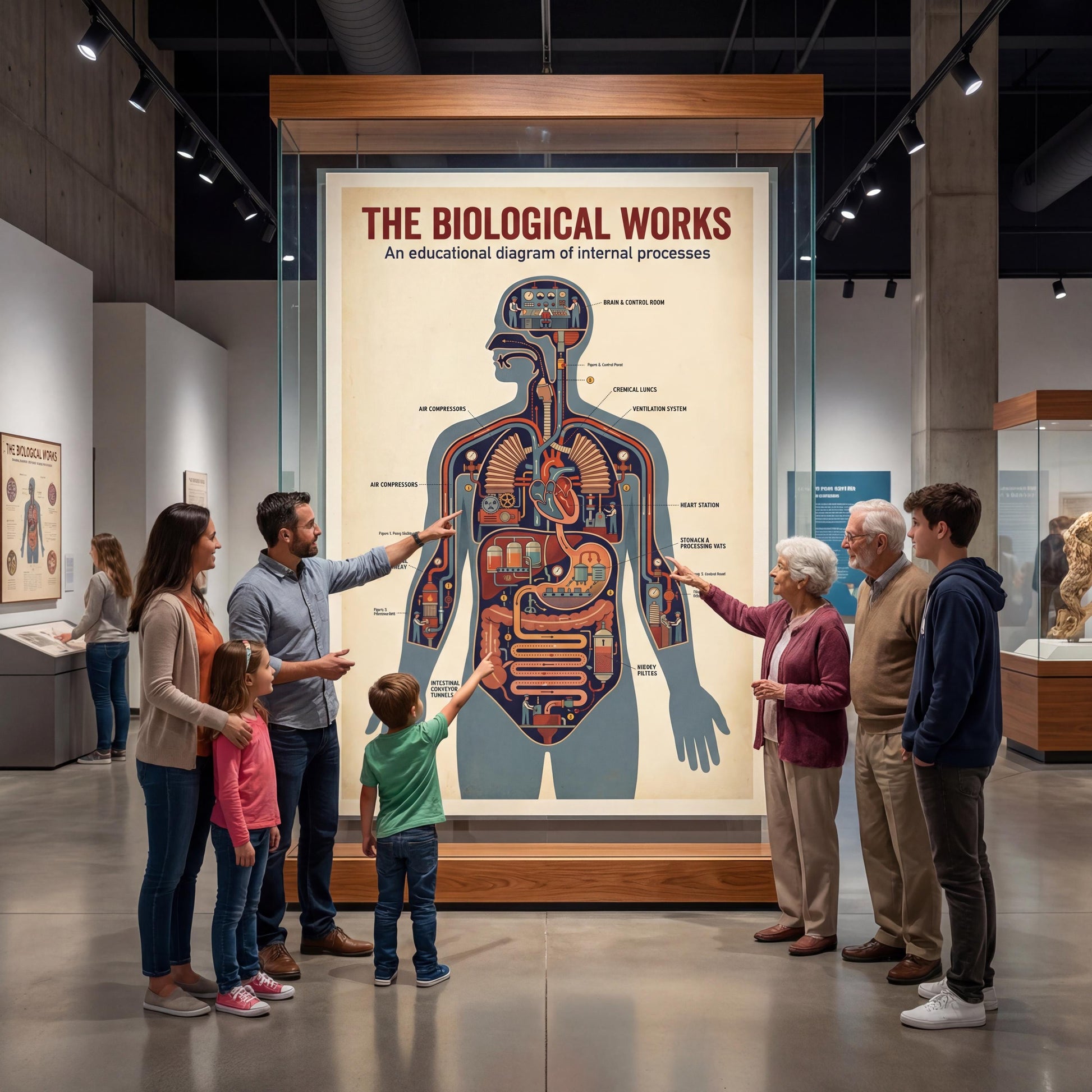 Vintage science anatomy diagram poster depicting biological systems as gears, valves, and pipelines, created as an artistic yet informative wall chart for anatomy and physiology education.