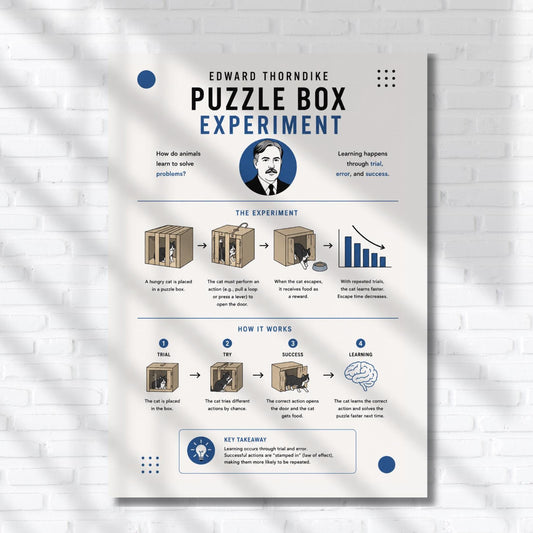The image is a poster titled "Puzzle Box Experiment" by Edward Thorndike, featuring a series of illustrations and text explaining the experiment and its results.