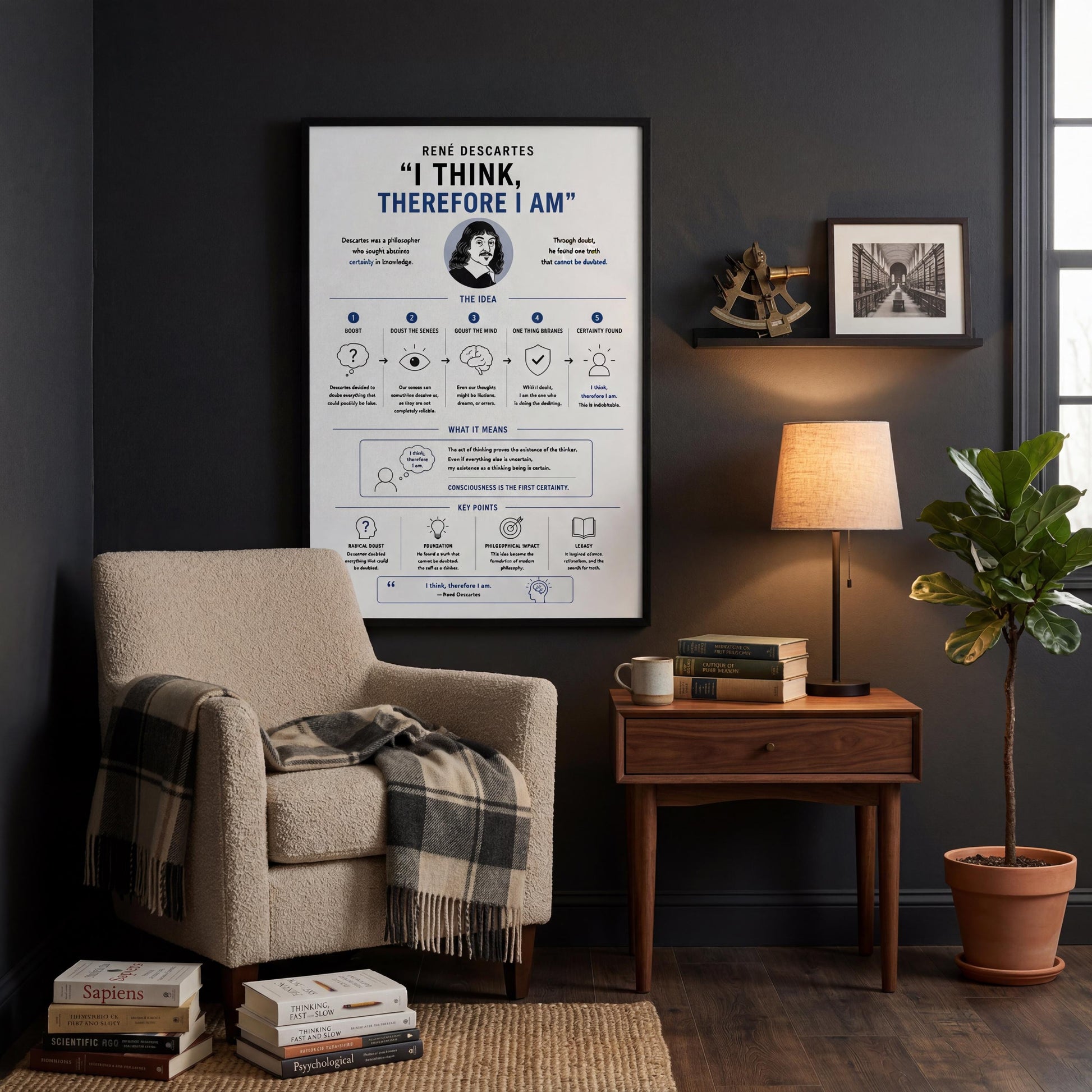 a cozy living room with a beige armchair, a wooden side table, a lamp, and a potted plant. There is a poster on the wall with text and illustrations, and a stack of books on the floor.