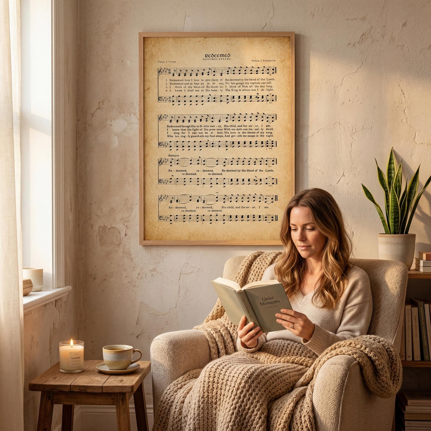 A woman is sitting in a chair, reading a book, with a framed sheet music poster on the wall behind her.