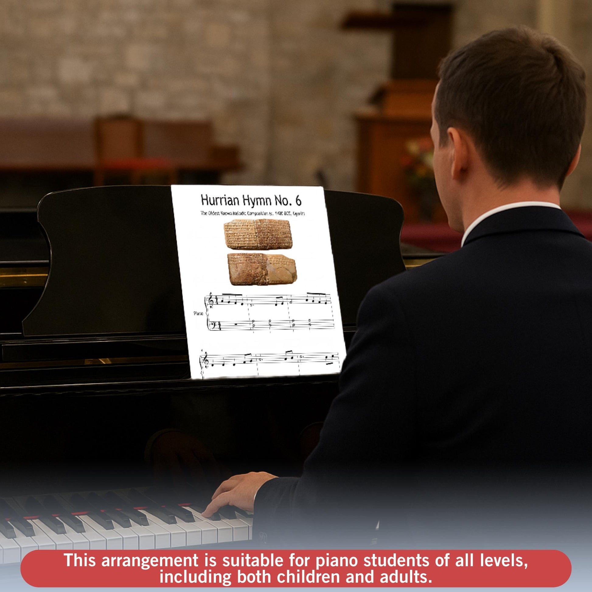 Hurrian Hymn No. 6 simplified beginner piano sheet music, Grade 1 arrangement with printable PDF, note names, color-coded notes, MP3 demo track, and MP4 tutorial, a unique resource connecting music and history.