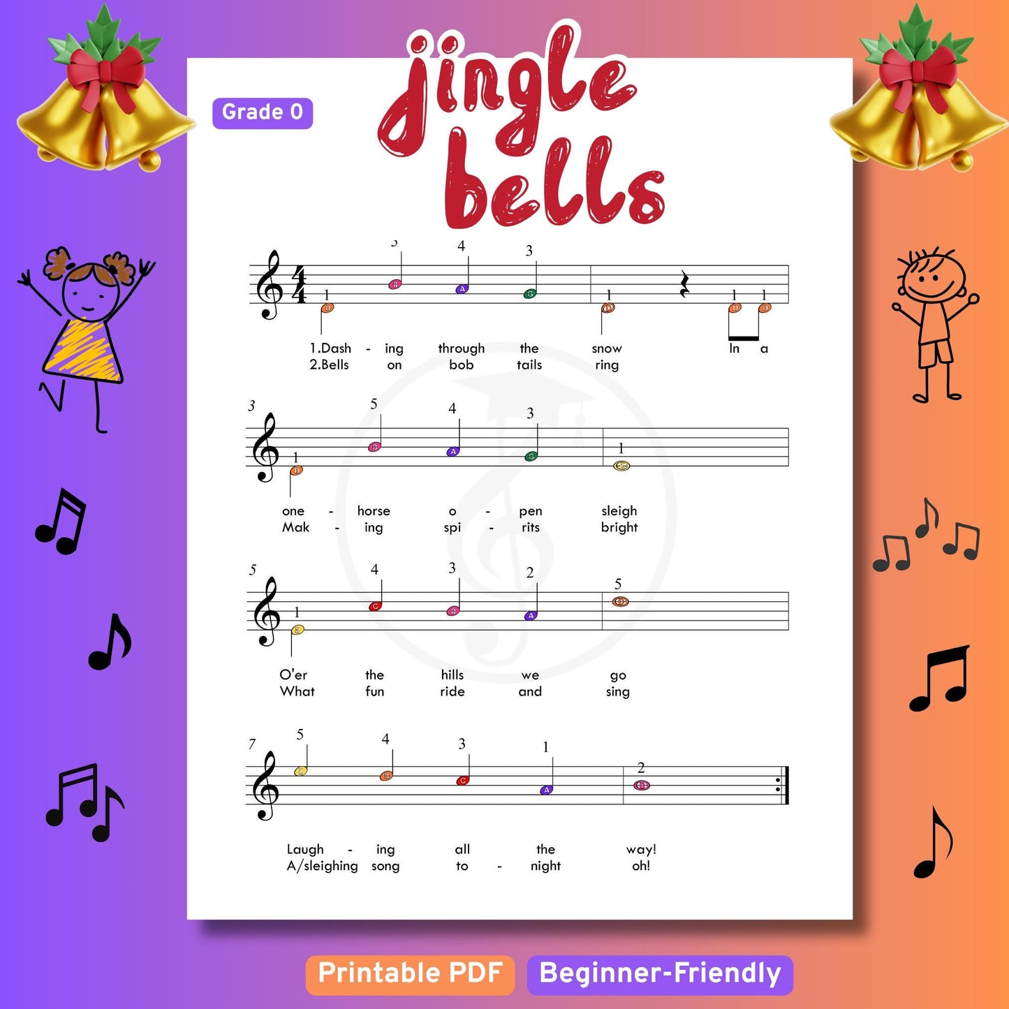 Jingle Bells - Grade 0 - Easy Piano Sheet for Beginners | Colorful Notes + Finger Numbers | Educational Piano Resource