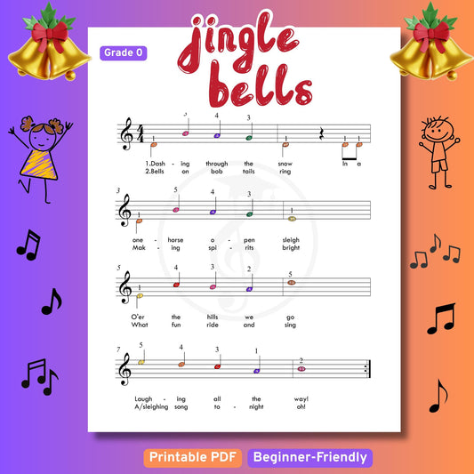 Jingle Bells - Grade 0 - Easy Piano Sheet for Beginners | Colorful Notes + Finger Numbers | Educational Piano Resource