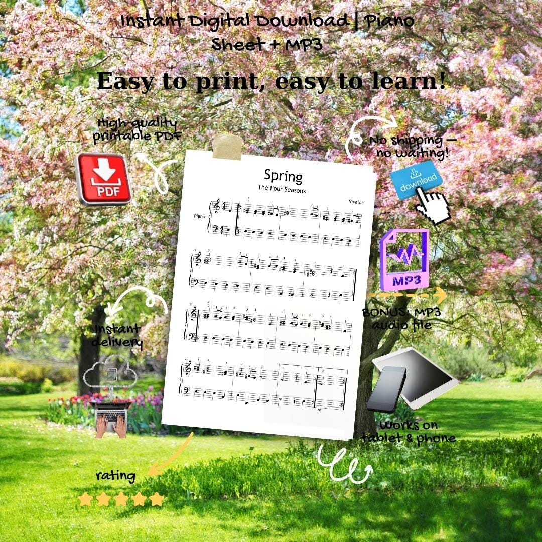Vivaldi Spring Piano Grade 2 Sheet Music – Printable PDF, Video Tutorial & Color Note Piano