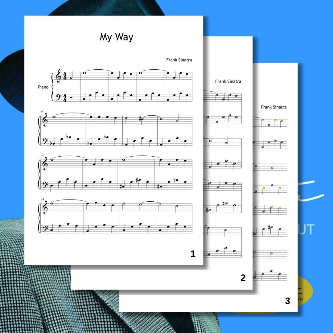 My Way by Frank Sinatra downloadable and simplified piano sheet music PDF displayed as a multi-version Grade 3 pack including standard notation, finger numbers, note names, and color notes, all prepared from the manuscript for flexible pop-ballad study.
