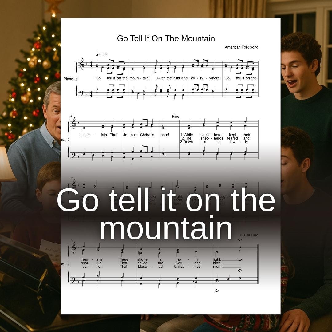 Go Tell It on the Mountain by Traditional downloadable and simplified piano sheet music PDF shown with the SATB choir and piano arrangement, featuring finger numbers, color-coded notes, and note-name versions based on the original handwritten manuscript, displayed clearly for Christmas spiritual rehearsals.