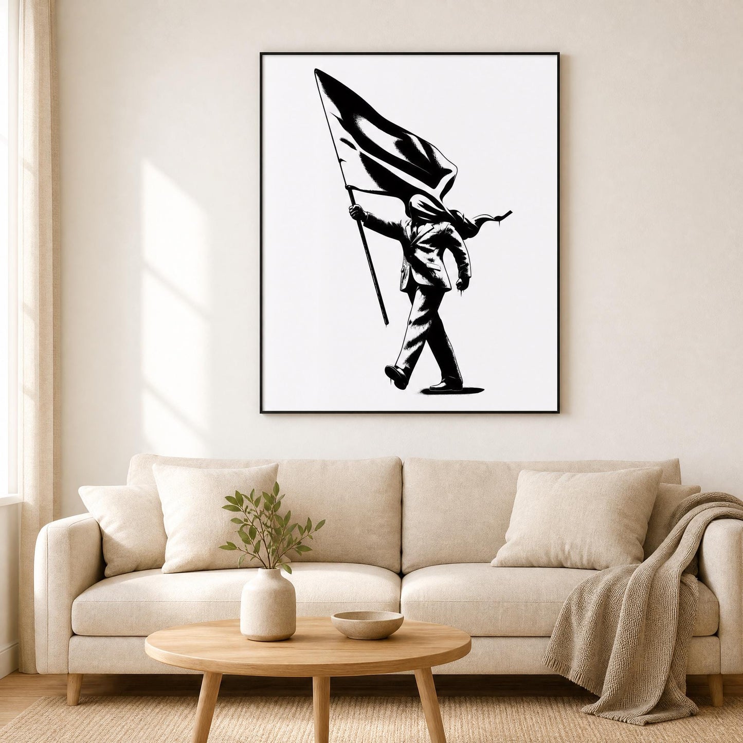 Banksy inspired Blind Patriotism print digital download featuring bold stencil-style figure carrying flag, high-resolution PNG and PDF files for statement wall art