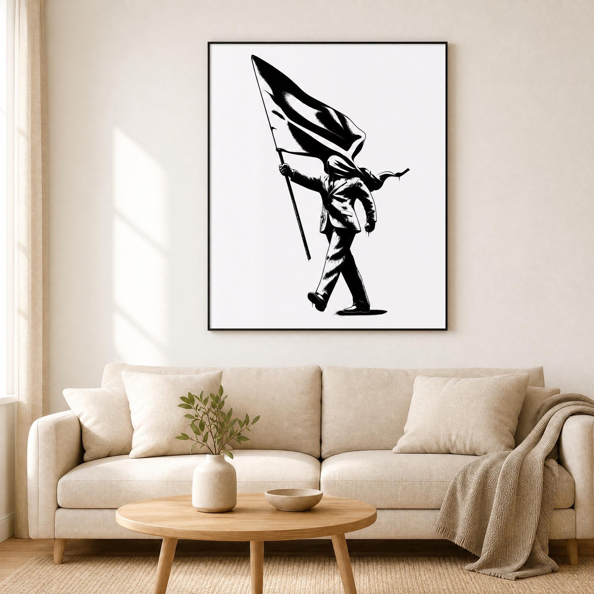 Banksy inspired Blind Patriotism print digital download featuring bold stencil-style figure carrying flag, high-resolution PNG and PDF files for statement wall art