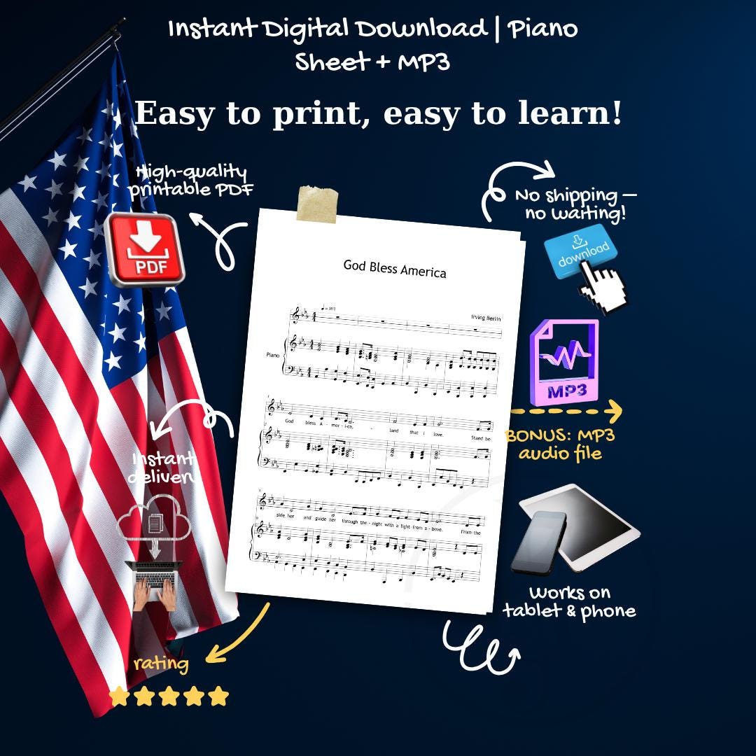 God Bless America arranged by Irving Berlin downloadable piano and voice score PDF, intermediate–advanced level patriotic solo with optional accompaniment-only sheet, high-resolution printable PDF and bonus MP3, designed for singers, teachers, and performers at ceremonies, recitals, and professional events.