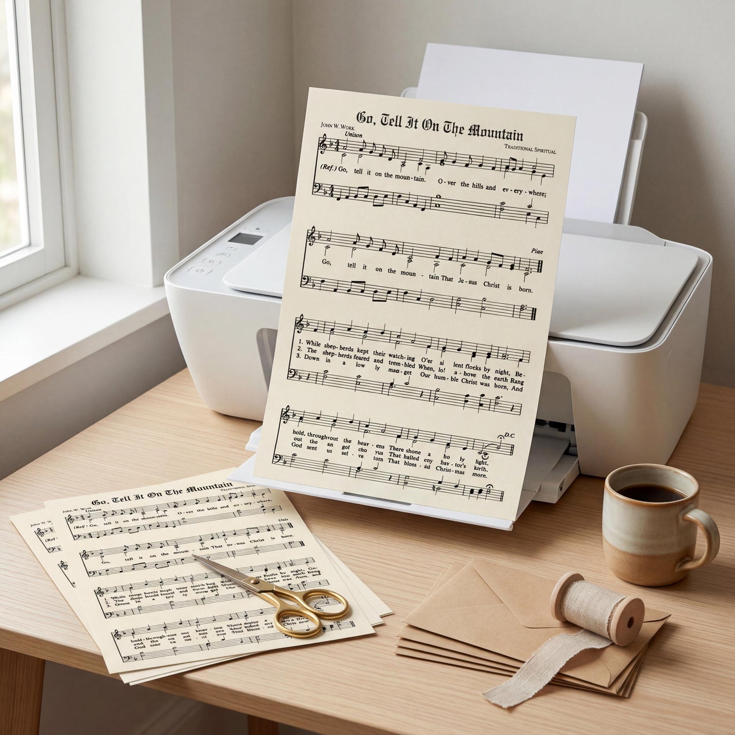 a desk with a printer, a pair of scissors, a cup of coffee, and sheet music.
