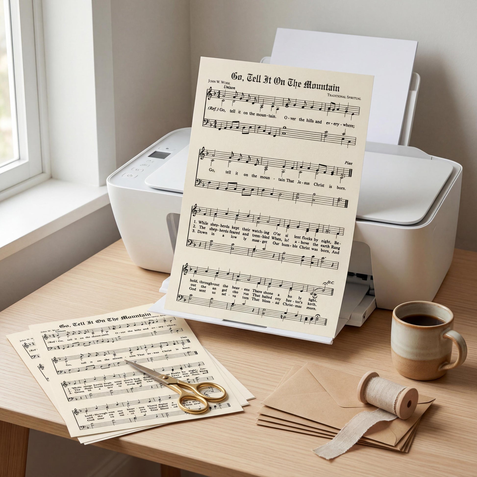 a desk with a printer, a pair of scissors, a cup of coffee, and sheet music.