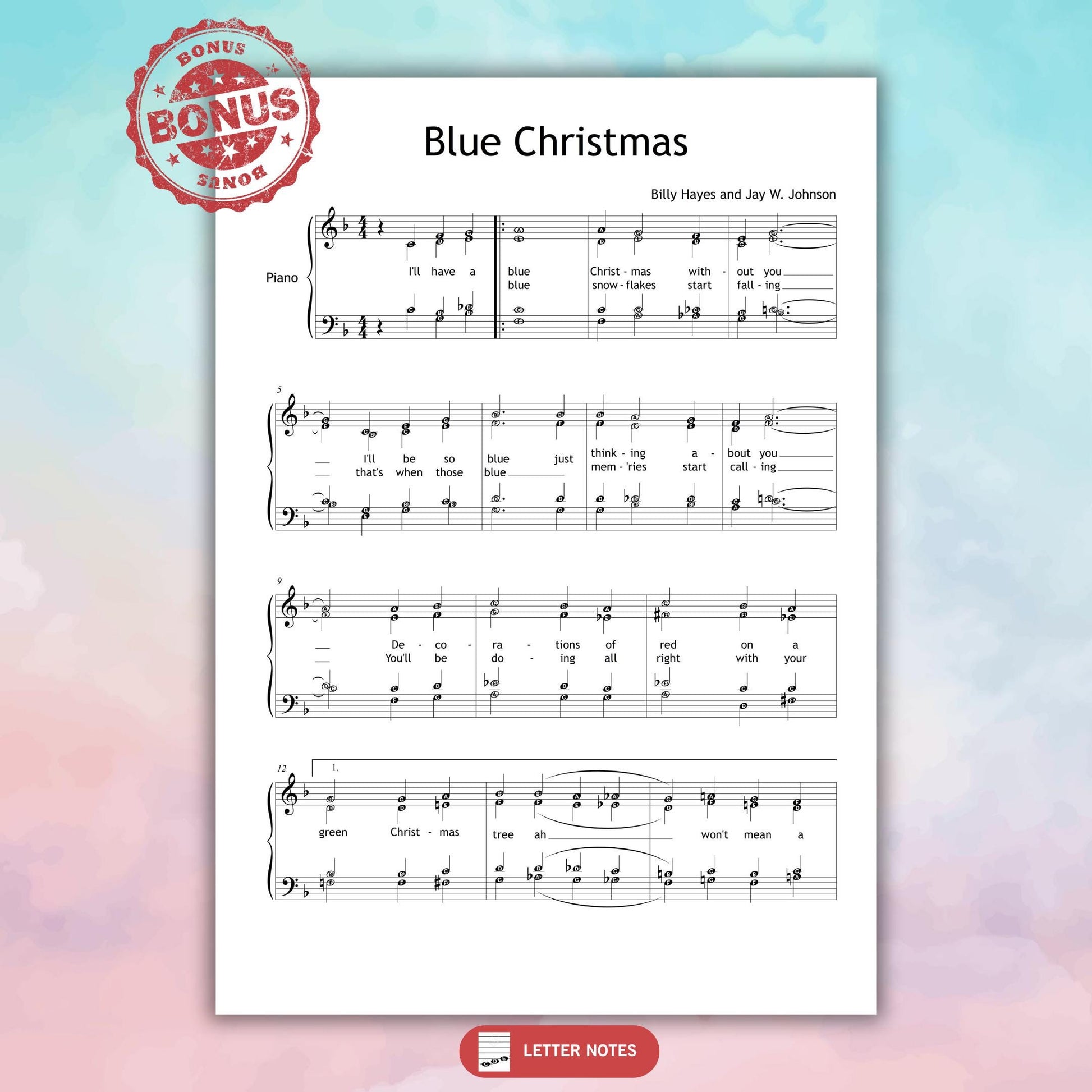 Blue Christmas by Billy Hayes and Jay W. Johnson downloadable and simplified piano sheet music PDF shown as a pedagogical Grade 3–4 piano and SATB edition including finger numbers, note names, and color-coded notes, all prepared from handwritten manuscript references with full lyrics for guided ensemble practice.