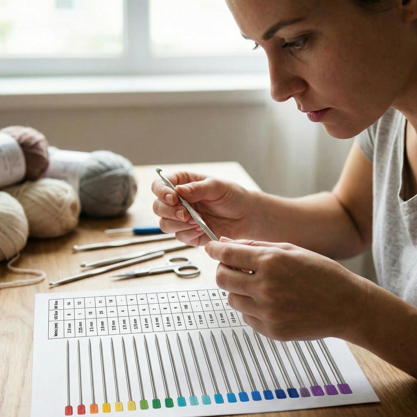 Knitting Needle Size Reference Printable – Metric, US and UK Needle Chart for Knitters | Digital Download Knitting needle size reference printable showing a clean comparison chart of metric, US, and UK needle sizes, designed as a clear visual guide for knitters using international patterns and multiple sizing systems.