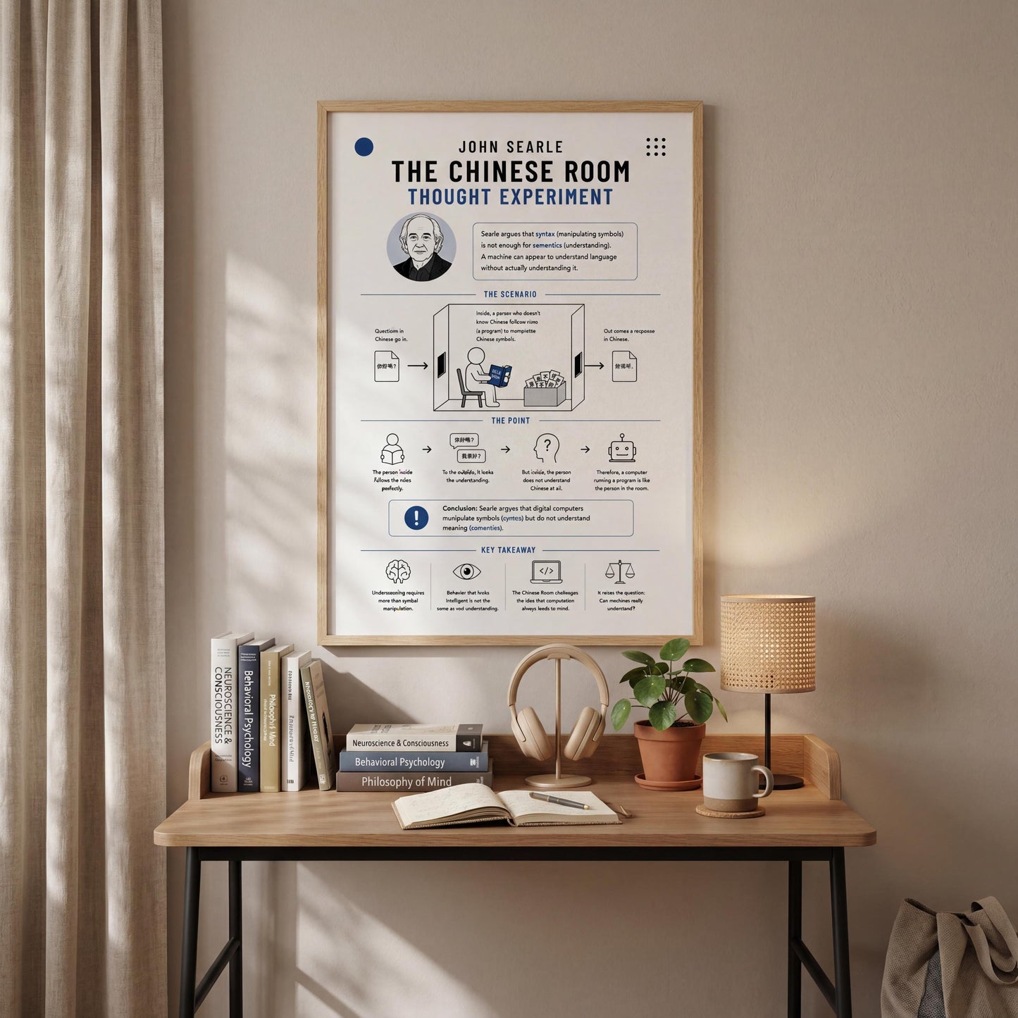 a poster titled "The Chinese Room Thought Experiment" hanging on a wall above a wooden desk with various items on it, including books, a plant, and a lamp.