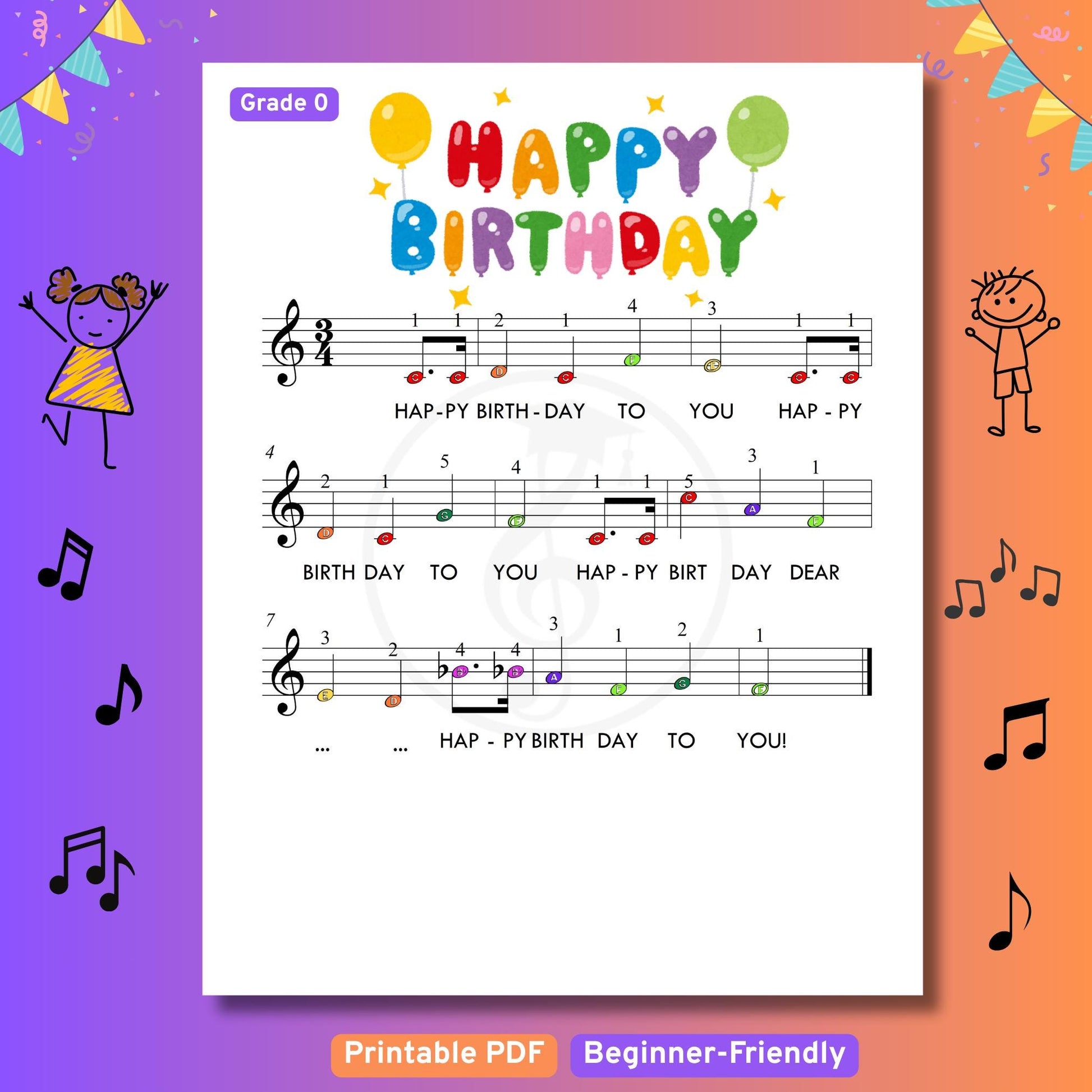 Happy Birthday - Grade 0 - Easy Piano Sheet for Beginners | Colorful Notes + Finger Numbers | Educational Piano Resource